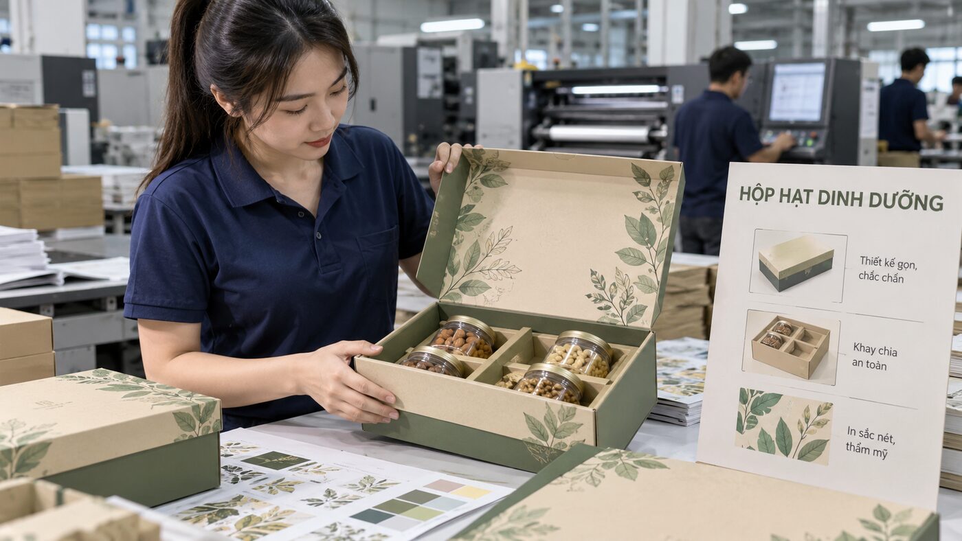 Nhân viên xưởng in kiểm tra hộp hạt dinh dưỡng có khay chia