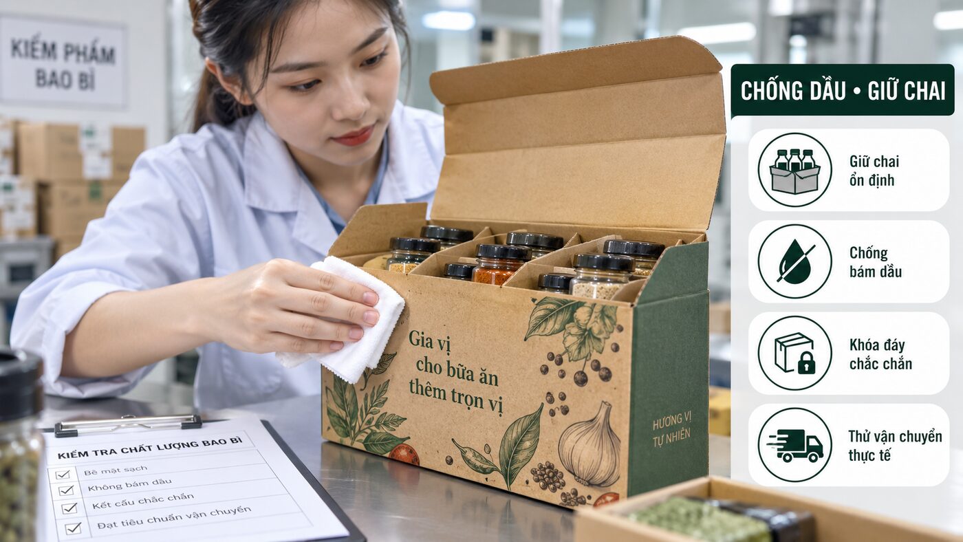 Checklist chống bám dầu giữ chai khóa đáy và thử vận chuyển hộp gia vị
