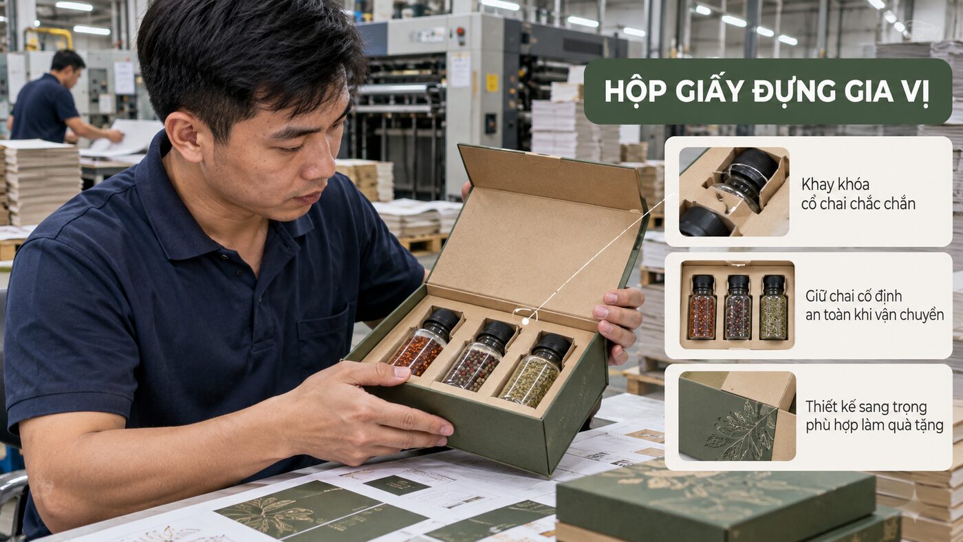 Kỹ thuật viên kiểm tra hộp giấy đựng gia vị có khay giữ chai