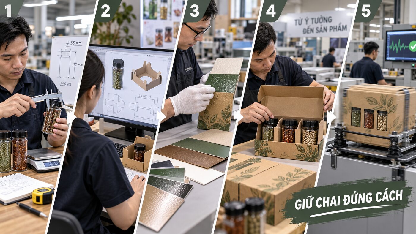 Quy trình đo chai thiết kế khay và kiểm tra hộp giấy đựng gia vị