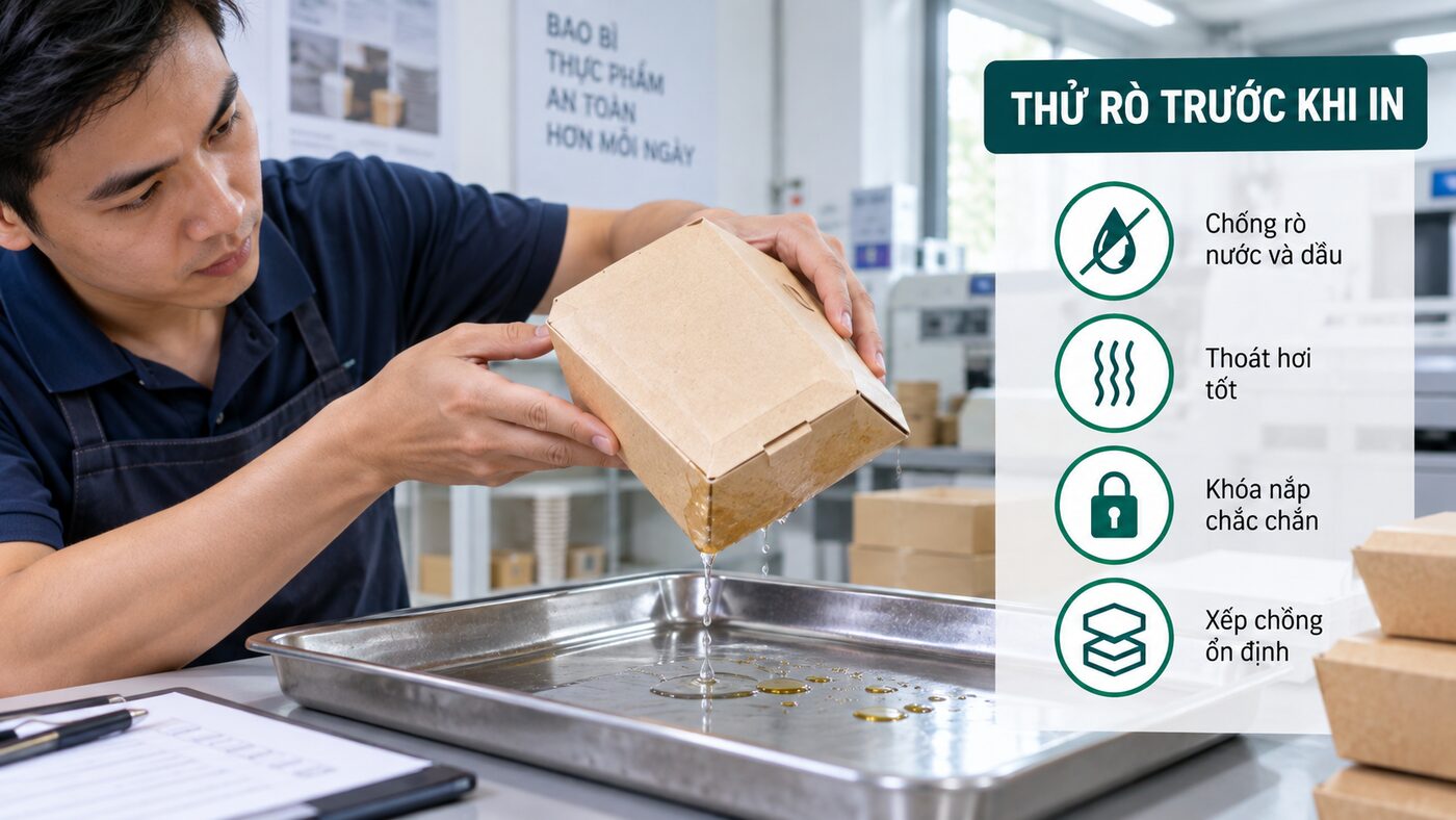 Checklist thử rò thoát hơi khóa nắp và xếp chồng hộp mang đi