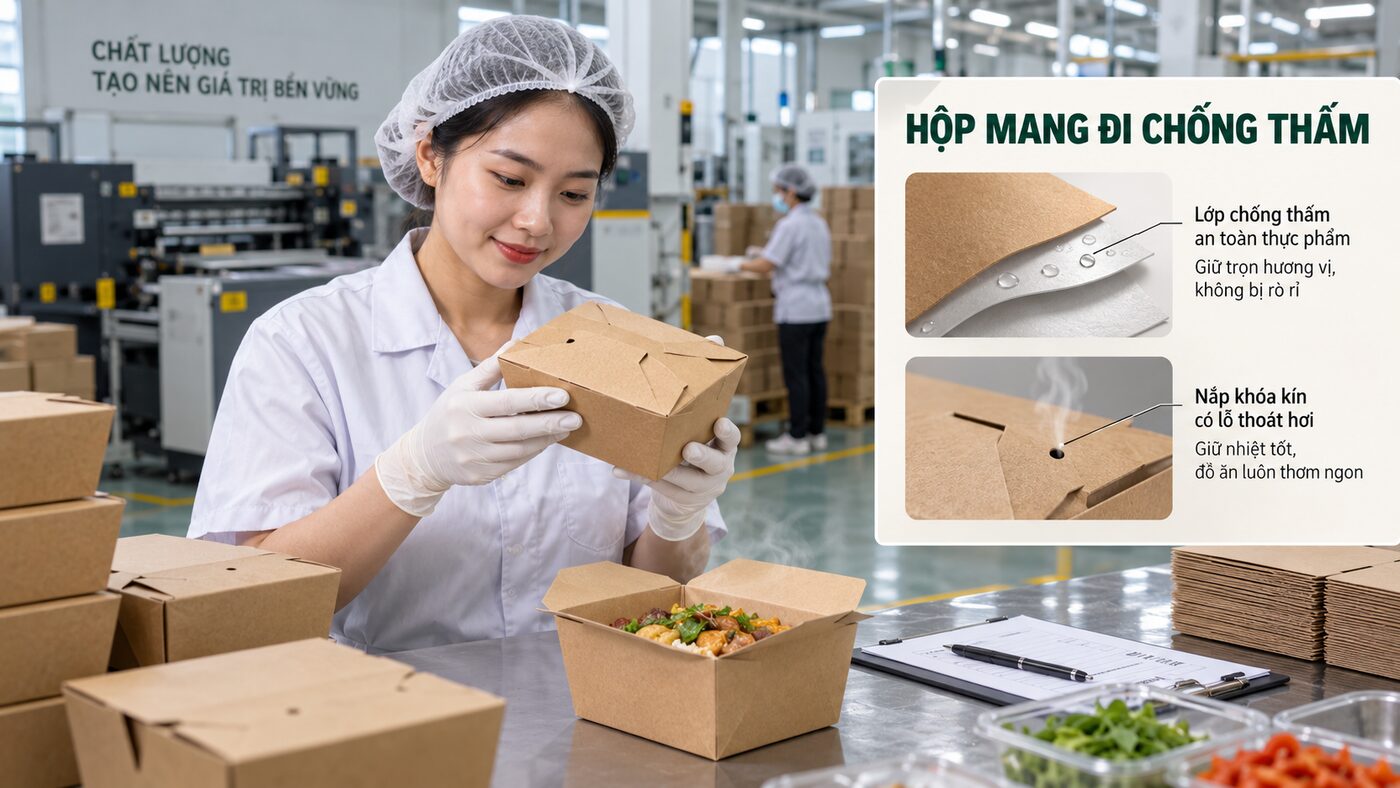 Nhân viên xưởng bao bì kiểm tra hộp đồ ăn mang đi chống thấm
