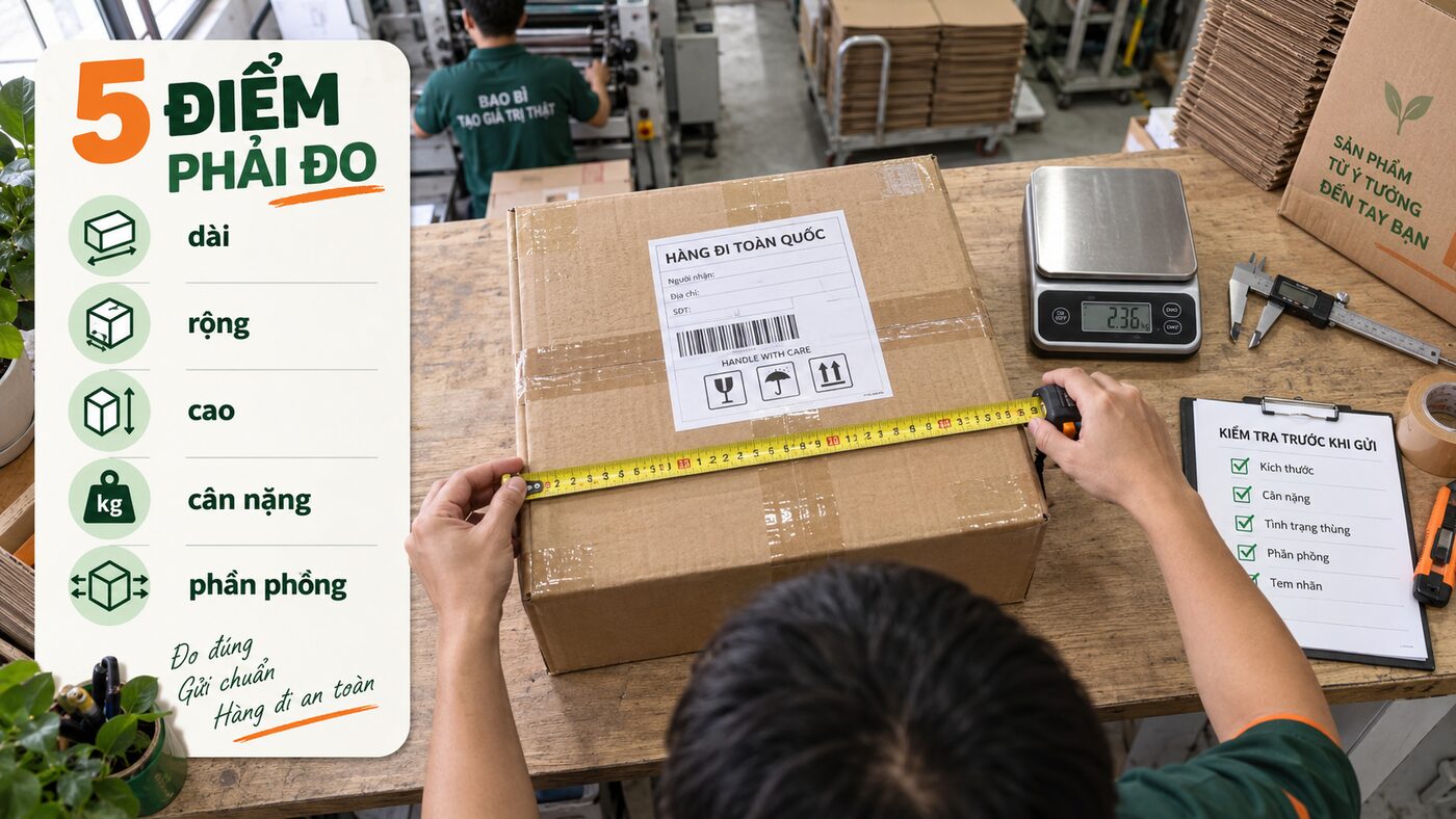 Checklist đo dài rộng cao cân nặng và phần phồng của hộp giao hàng