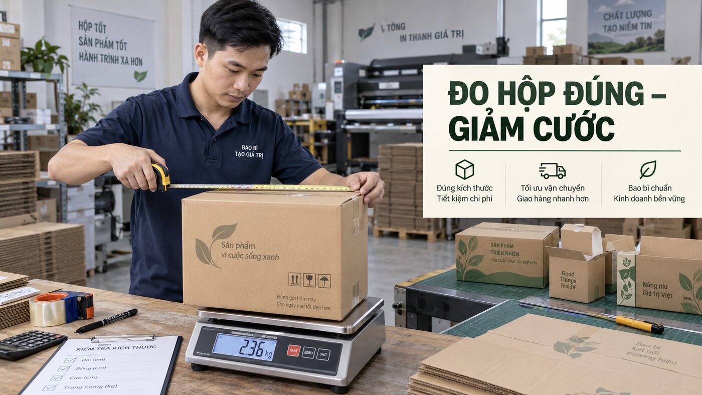 Nhân viên xưởng bao bì đo hộp giao hàng sau khi đóng gói