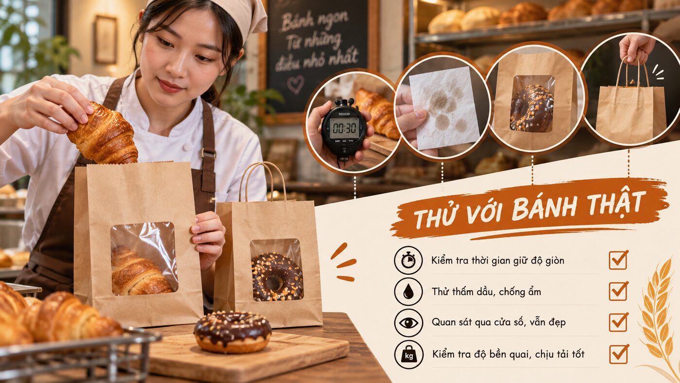 Túi giấy cho tiệm bánh: Chọn giấy, cửa sổ và lớp chống dầu 2 Checklist dầu hơi nóng cửa sổ quai và mực in trên túi bánh