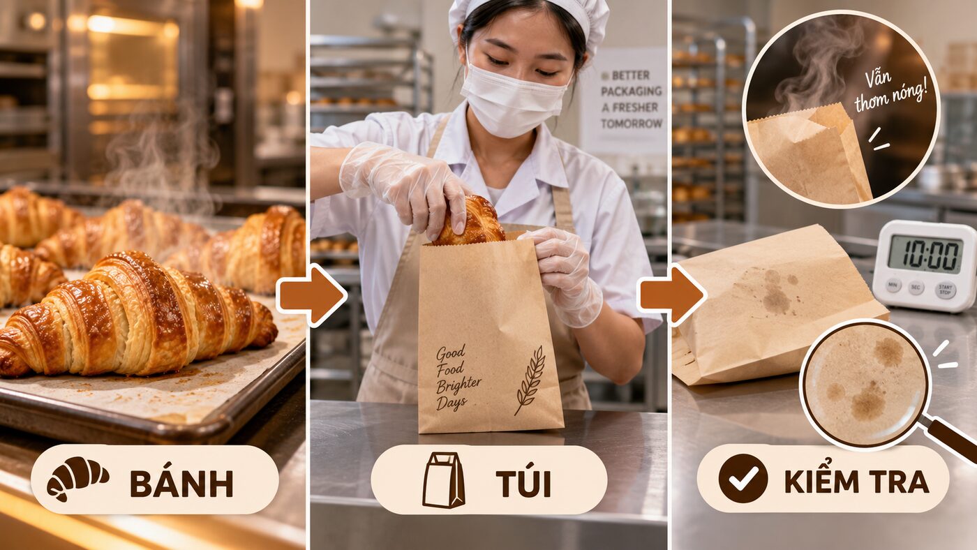 Túi giấy cho tiệm bánh: Chọn giấy, cửa sổ và lớp chống dầu 3 Quy trình chọn giấy làm mẫu và thử túi giấy cho tiệm bánh