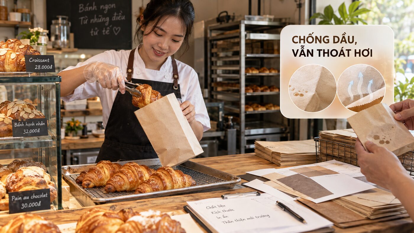 Túi giấy cho tiệm bánh: Chọn giấy, cửa sổ và lớp chống dầu 1 Nhân viên tiệm bánh kiểm tra túi giấy chống dầu với bánh thật
