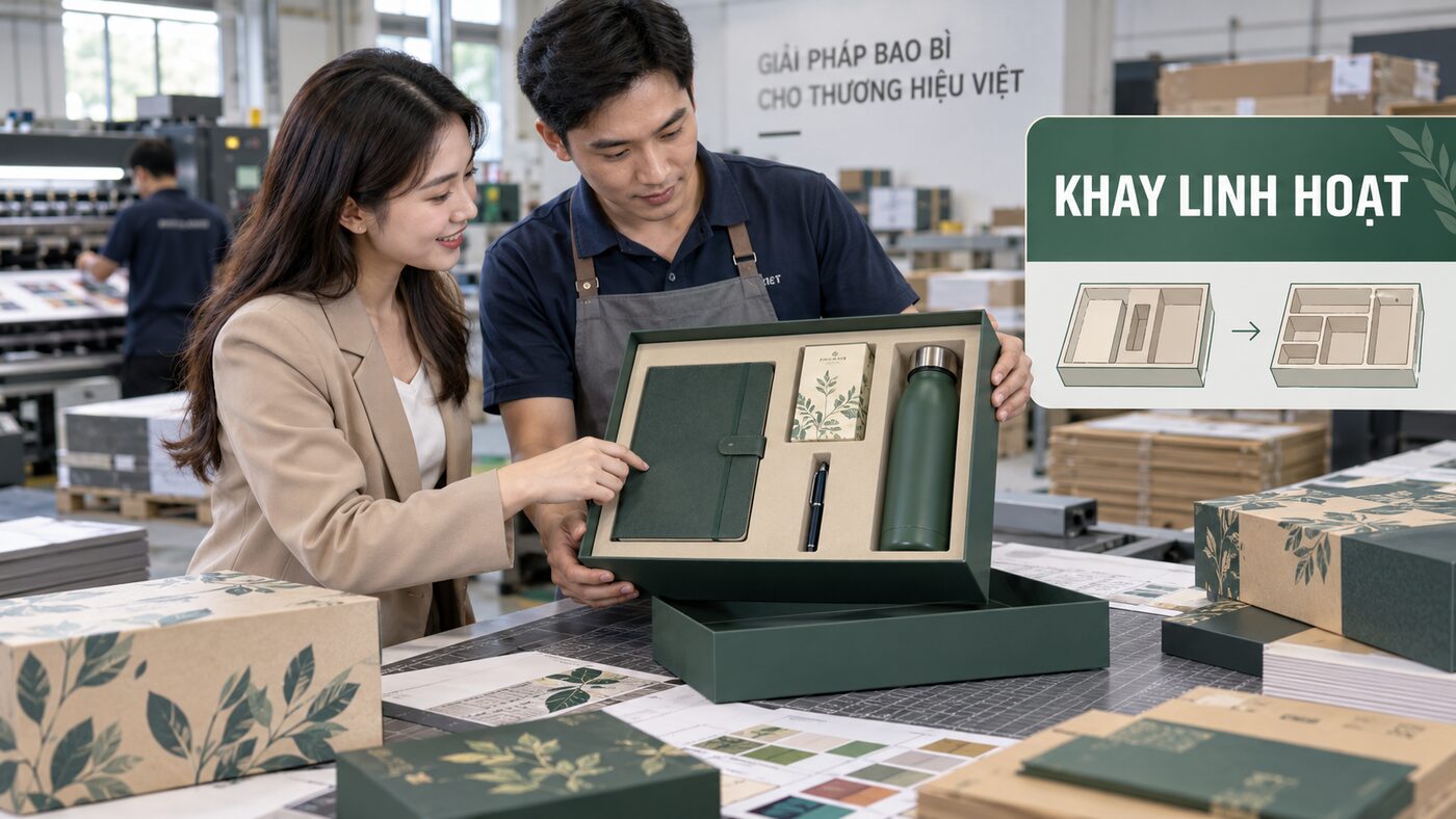 Nhân viên xưởng in kiểm tra khay của bao bì combo quà tặng doanh nghiệp