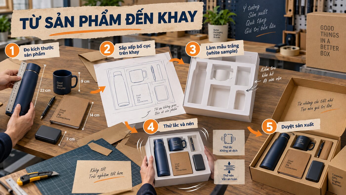 Quy trình từng bước thiết kế khay mô đun cho bao bì combo quà tặng