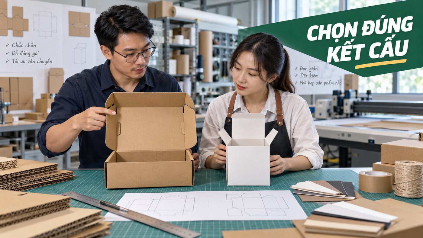 Mailer box hay hộp nắp gài: Chọn kết cấu nào cho bán hàng online? 1 Nhân viên xưởng bao bì so sánh mailer box và hộp nắp gài