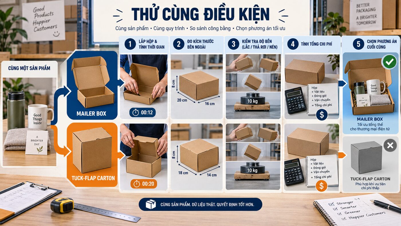 Mailer box hay hộp nắp gài: Chọn kết cấu nào cho bán hàng online? 3 Quy trình từng bước thử mailer box và hộp nắp gài cho bán hàng online