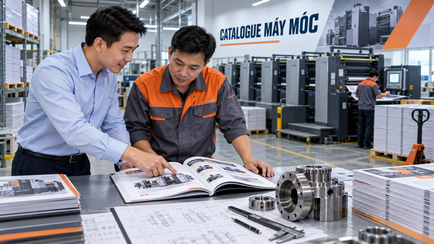 Catalogue máy móc công nghiệp: Cách trình bày thông số dễ bán hàng 1 Kỹ sư và kỹ thuật viên kiểm tra catalogue máy móc công nghiệp trong xưởng in