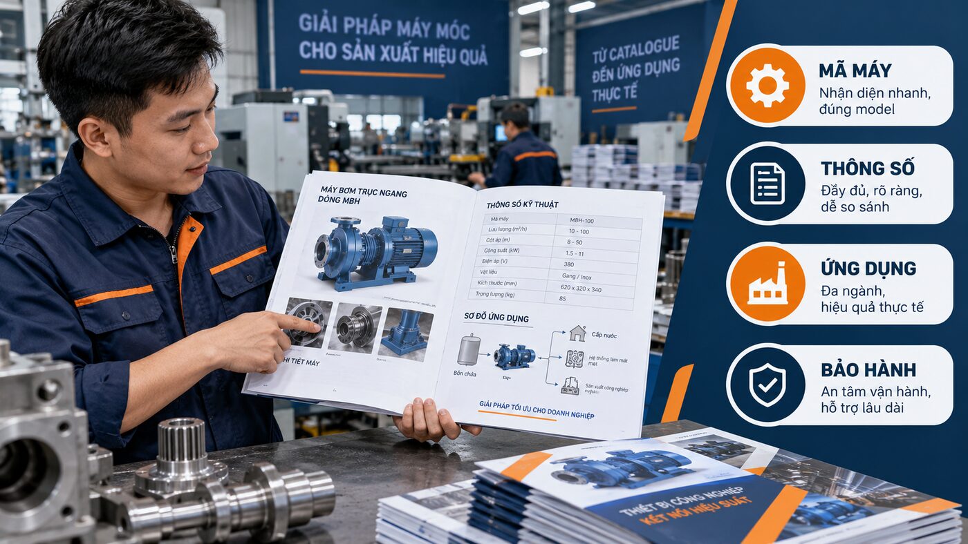 Catalogue máy móc công nghiệp: Cách trình bày thông số dễ bán hàng 2 Kỹ sư xem catalogue với checklist mã máy thông số ứng dụng và bảo hành