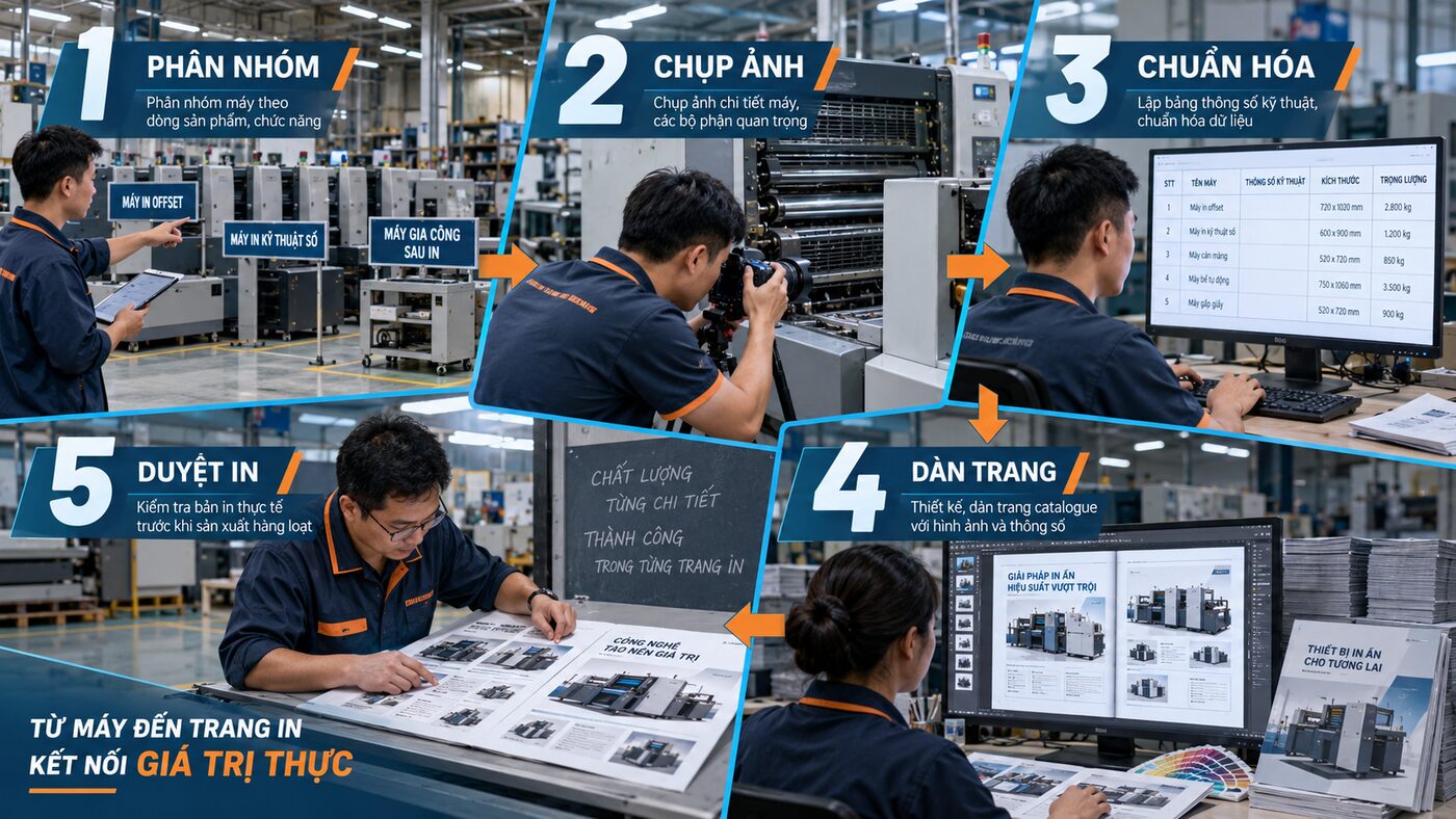 Catalogue máy móc công nghiệp: Cách trình bày thông số dễ bán hàng 3 Quy trình năm bước phân nhóm chụp ảnh chuẩn hóa dàn trang và duyệt catalogue máy