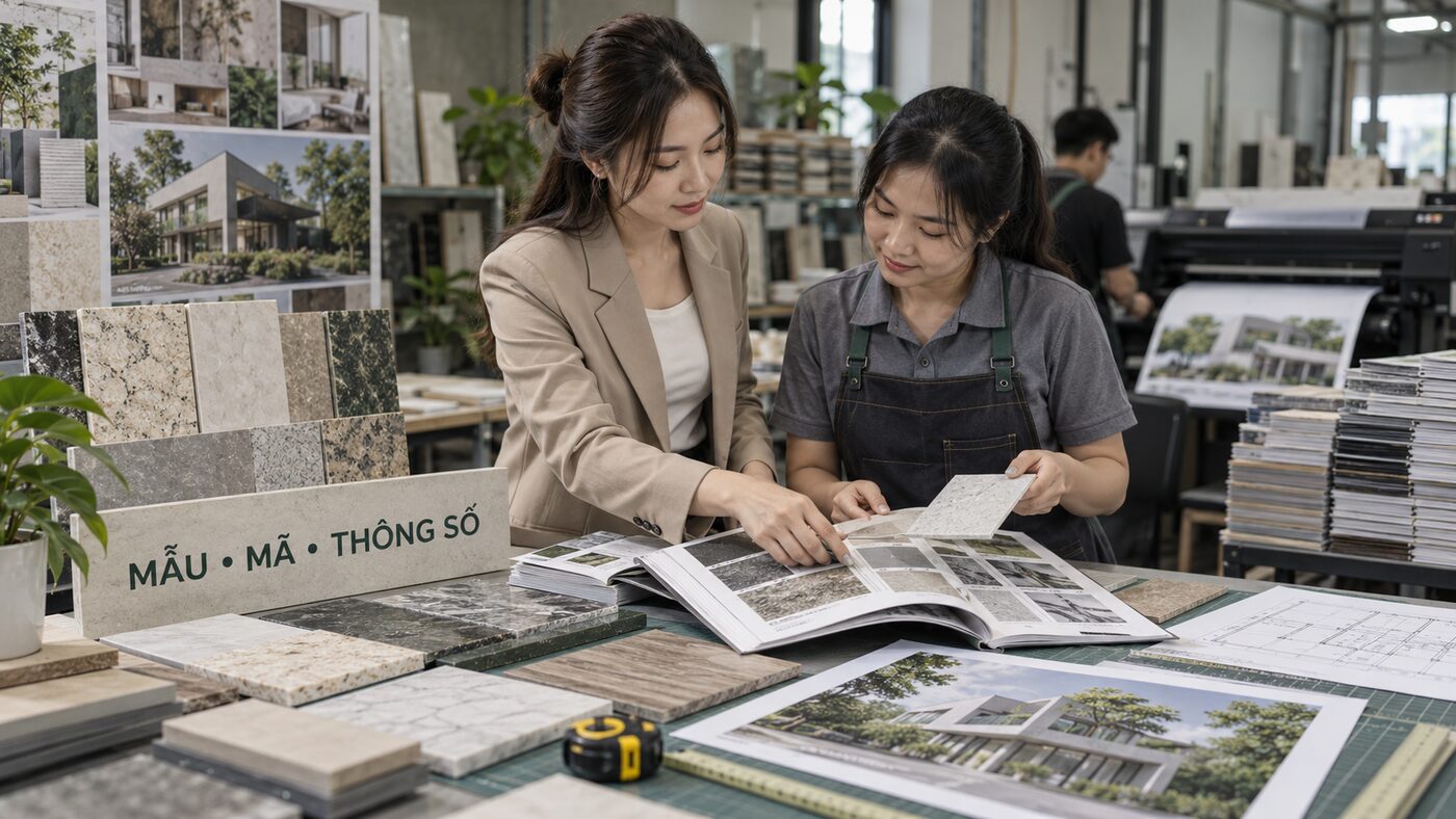 Kiến trúc sư và nhân viên in so sánh mẫu đá với catalogue vật liệu xây dựng