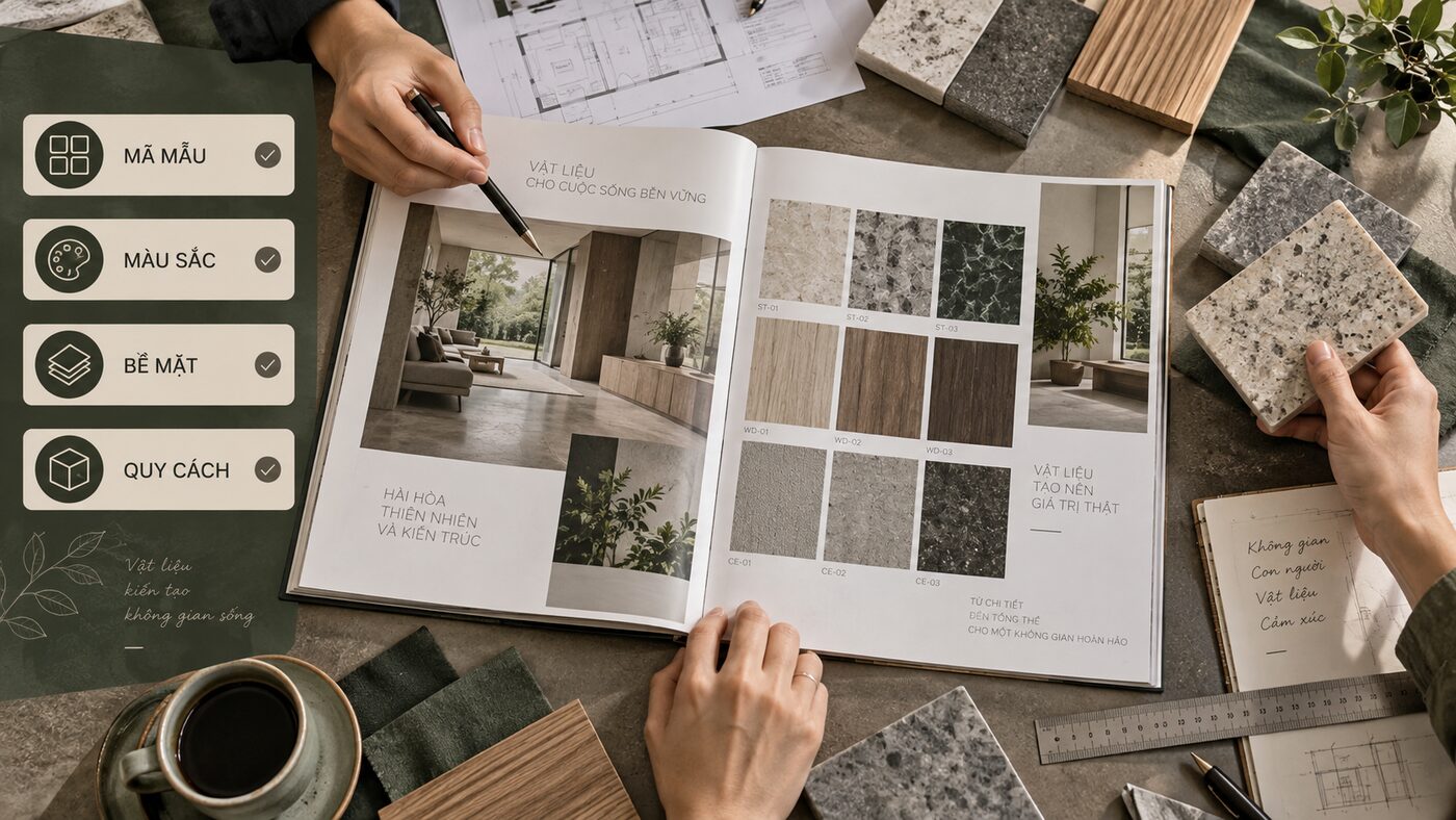 Catalogue vật liệu xây dựng cùng checklist mã mẫu màu sắc bề mặt và quy cách