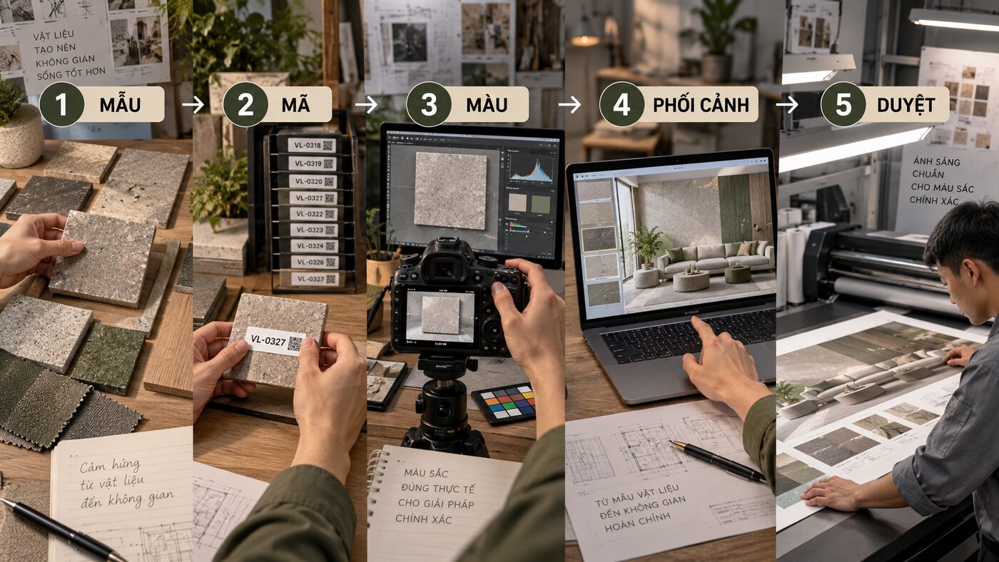 Năm bước chọn mẫu gắn mã hiệu chỉnh màu phối cảnh và duyệt in catalogue vật liệu