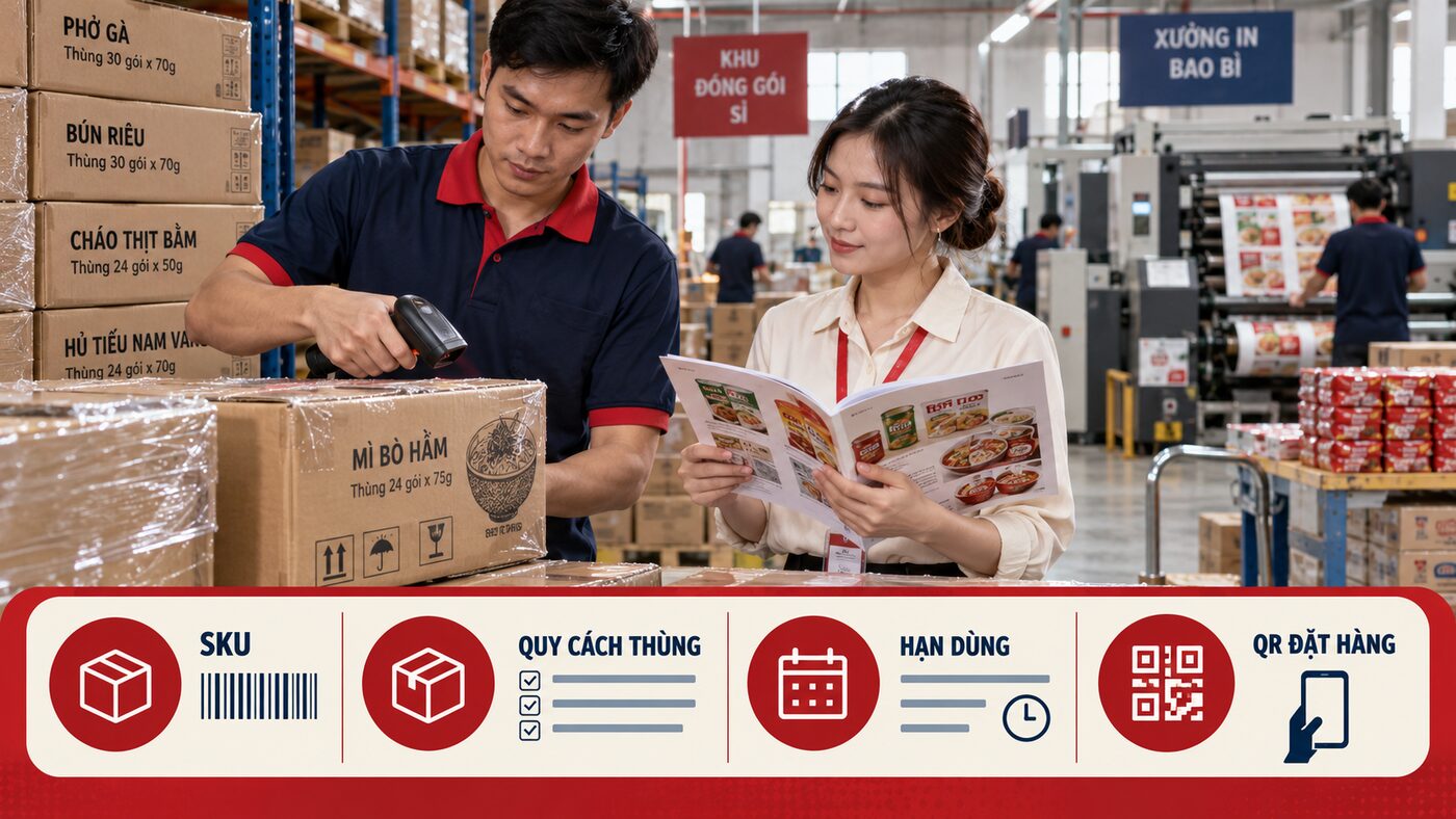 Catalogue thực phẩm cho nhà phân phối: Nội dung cần có 2 Nhân viên kho quét thùng thực phẩm với checklist SKU quy cách thùng hạn dùng và QR đặt hàng