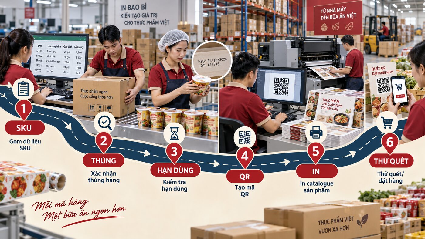 Catalogue thực phẩm cho nhà phân phối: Nội dung cần có 3 Quy trình gom dữ liệu SKU xác nhận thùng hạn dùng QR in và thử quét catalogue phân phối