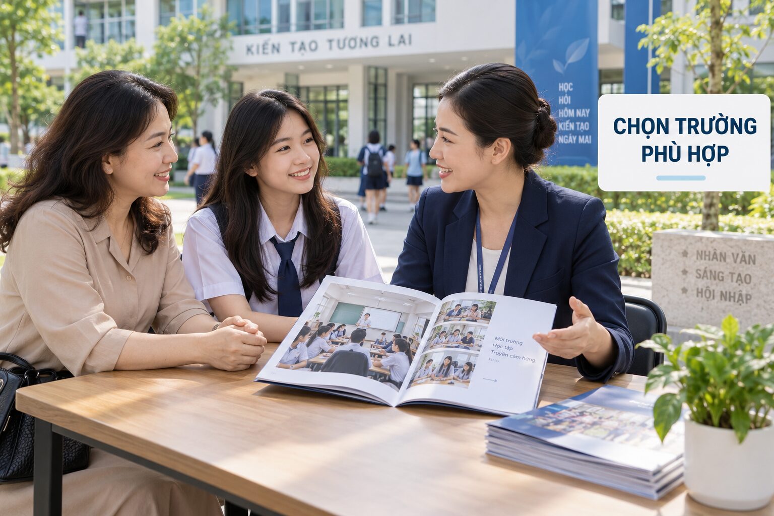 Catalogue tuyển sinh trường học được tư vấn cho phụ huynh trong khuôn viên trường