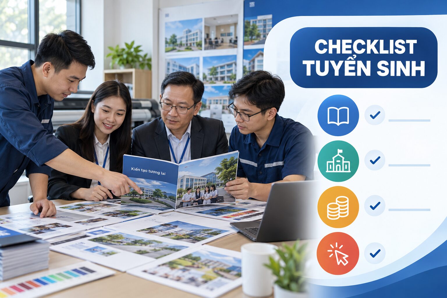 Nhóm tuyển sinh kiểm tra chương trình học cơ sở vật chất học phí và CTA trong catalogue