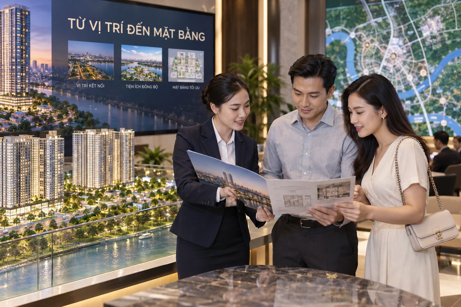 Brochure dự án bất động sản: Bố cục từ vị trí đến mặt bằng 1 Chuyên viên tư vấn và khách hàng xem brochure dự án bất động sản tại sa bàn