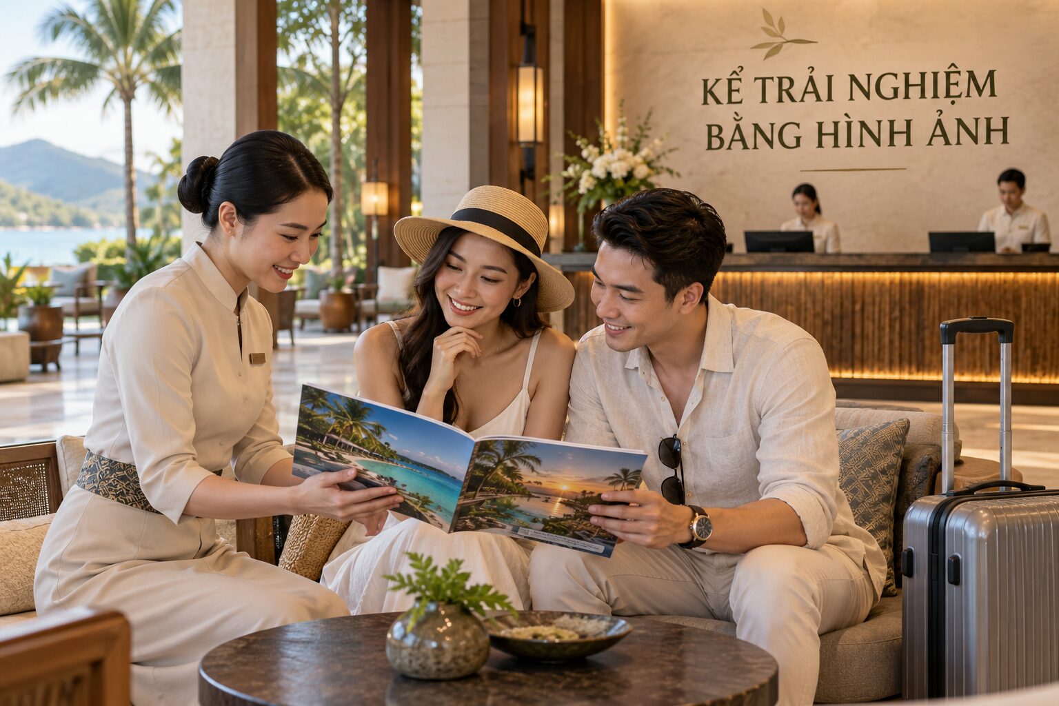 Nhân viên khách sạn giới thiệu brochure nghỉ dưỡng cho cặp đôi tại sảnh