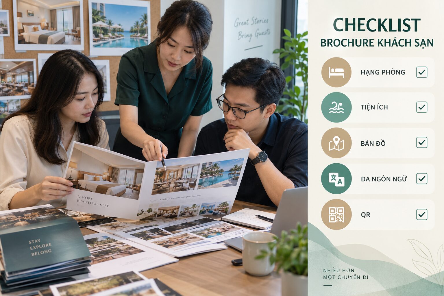 Checklist hạng phòng tiện ích bản đồ đa ngôn ngữ và QR đặt phòng