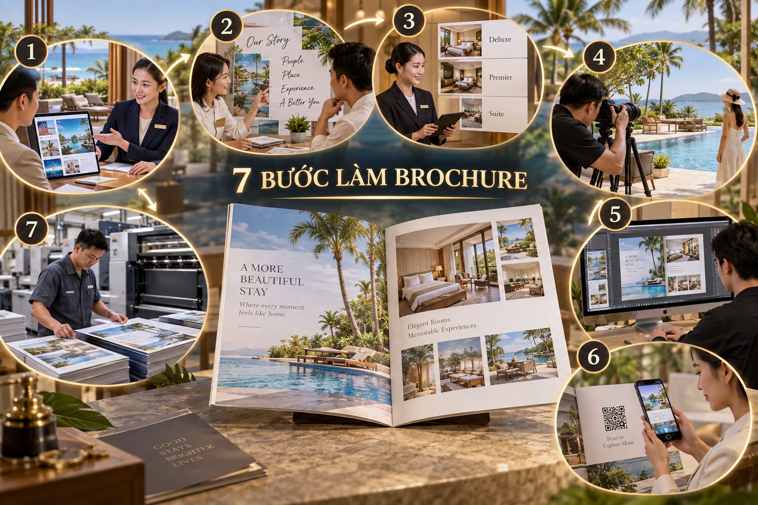 Quy trình từng bước xây câu chuyện chọn ảnh dàn trang dịch và thử QR brochure khách sạn