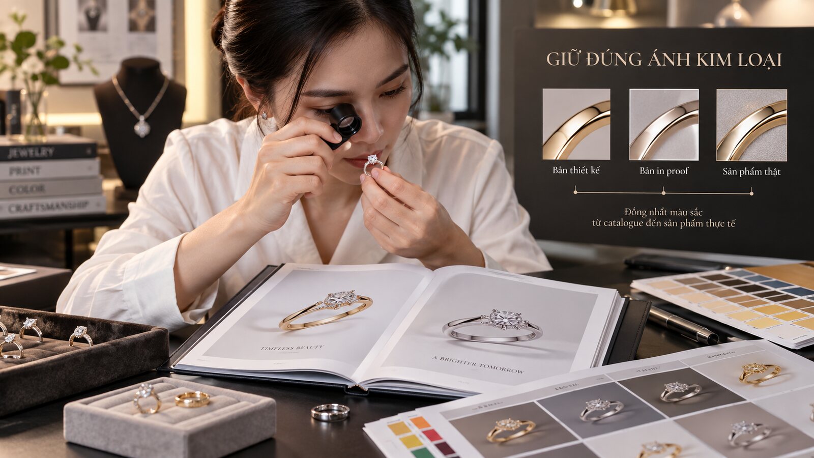 Catalogue trang sức được kiểm tra màu kim loại và đá quý