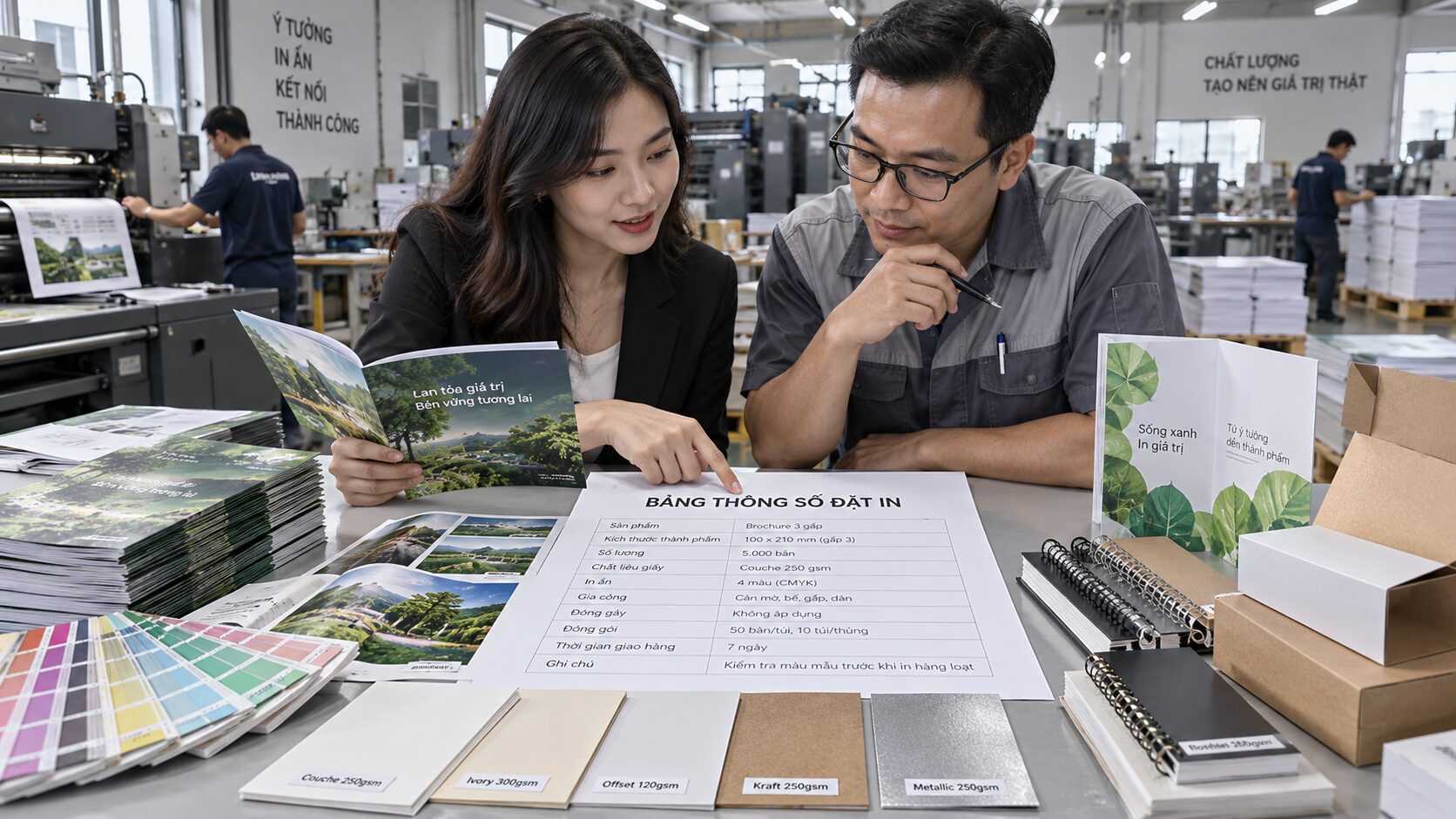 Bảng thông số đặt in chuẩn: Mẫu brief giúp báo giá chính xác 1 Khách hàng và chuyên viên báo giá xem bảng thông số đặt in trong xưởng