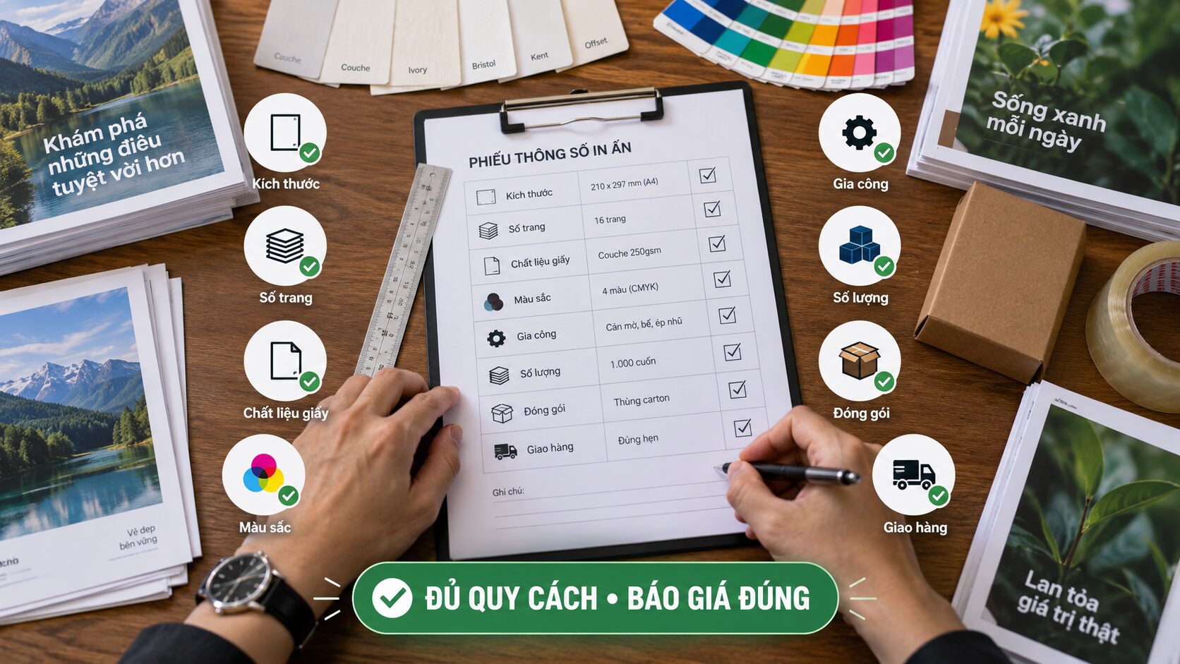 Bảng thông số đặt in chuẩn: Mẫu brief giúp báo giá chính xác 2 Checklist kích thước số trang giấy màu gia công đóng gói và giao hàng
