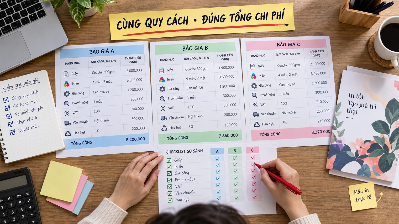 Checklist so sánh giấy in gia công proof VAT vận chuyển và hao hụt