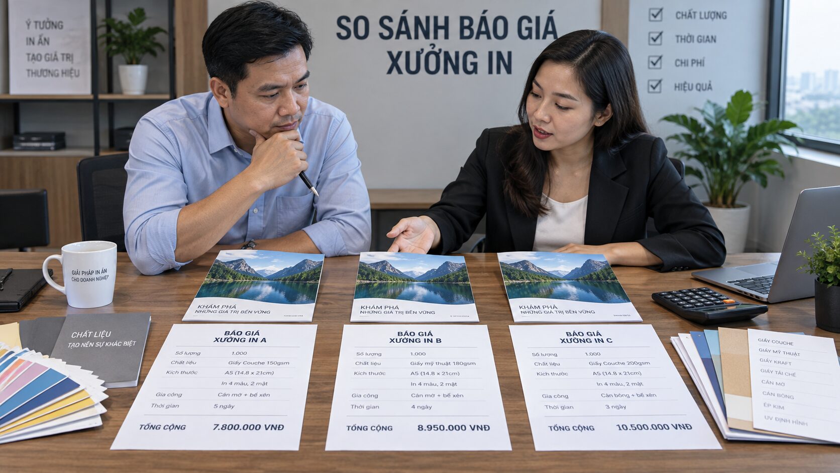 Quản lý mua hàng so sánh ba báo giá xưởng in cùng mẫu catalogue