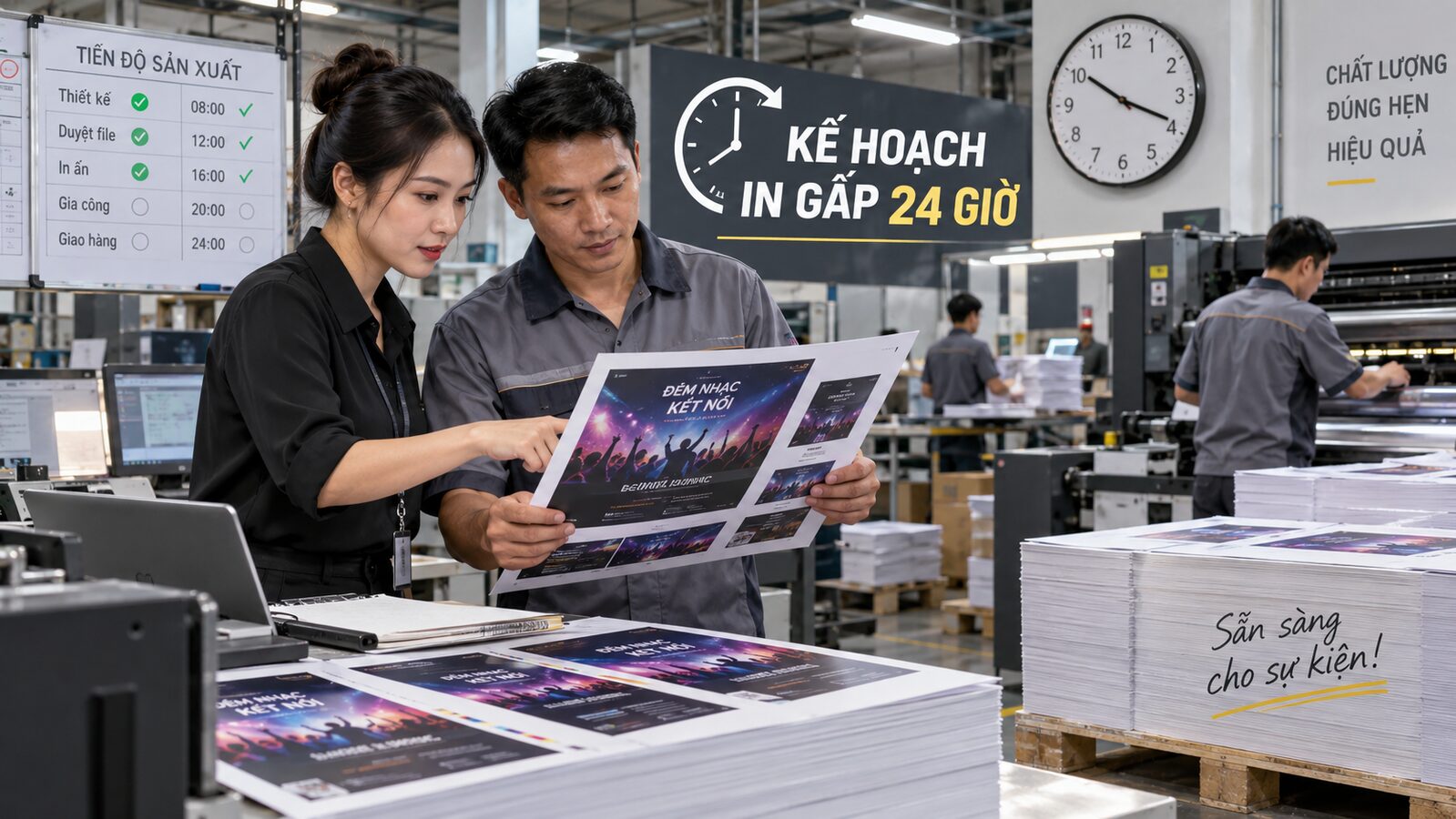 Kế hoạch đặt in gấp 24 giờ tại xưởng in với người duyệt và mẫu sản phẩm