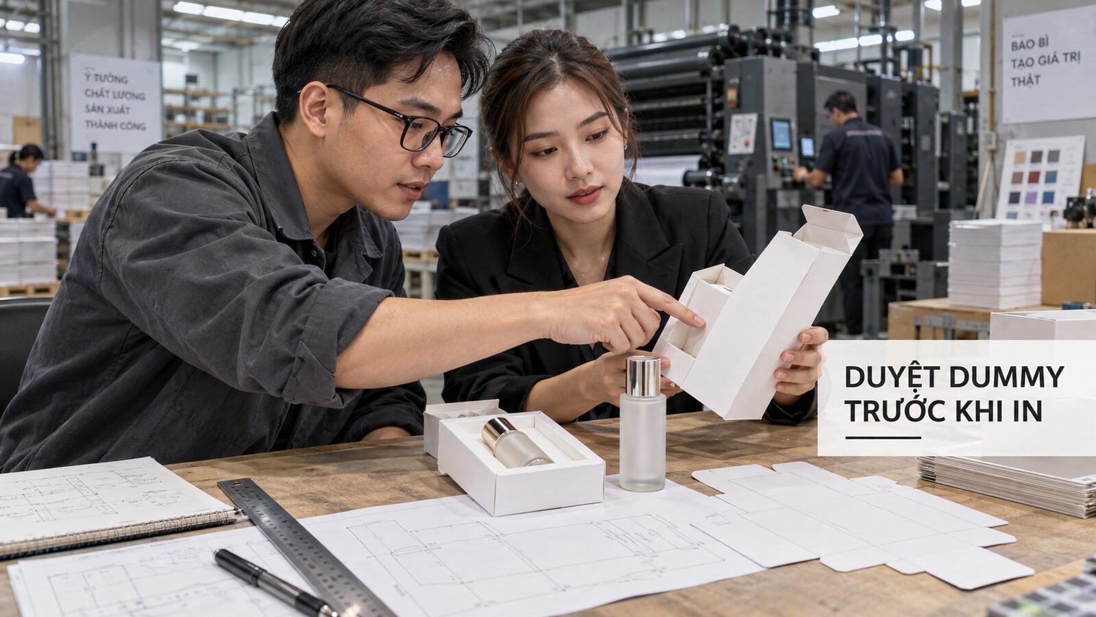 Duyệt dummy trước khi in hàng loạt với hộp giấy và sản phẩm thật