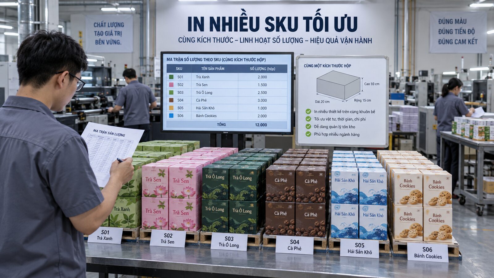 Nhiều mẫu bao bì SKU được sắp theo nhóm tại xưởng in