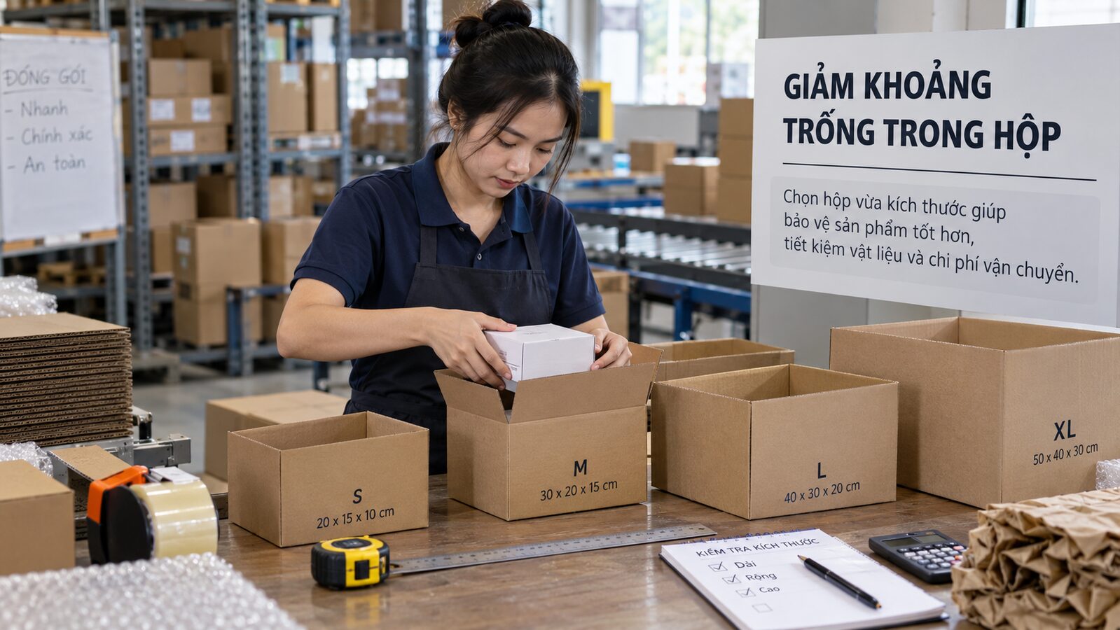 Nhân viên đóng gói chọn hộp vừa sản phẩm