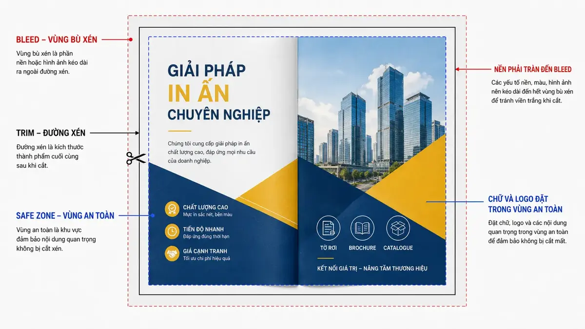 Sơ đồ phân biệt bleed trim và safe zone trong thiết kế in ấn