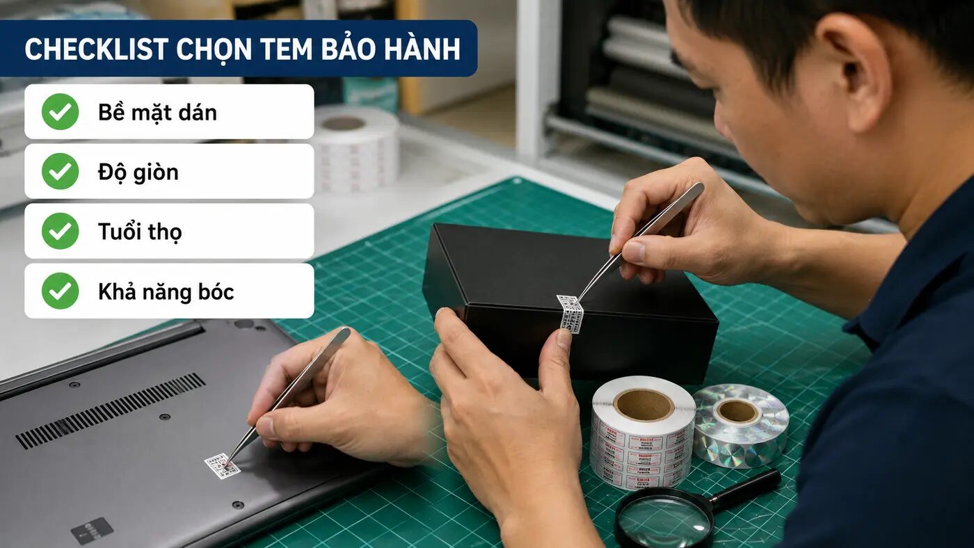 Checklist chọn tem bảo hành theo bề mặt độ giòn tuổi thọ và khả năng bóc
