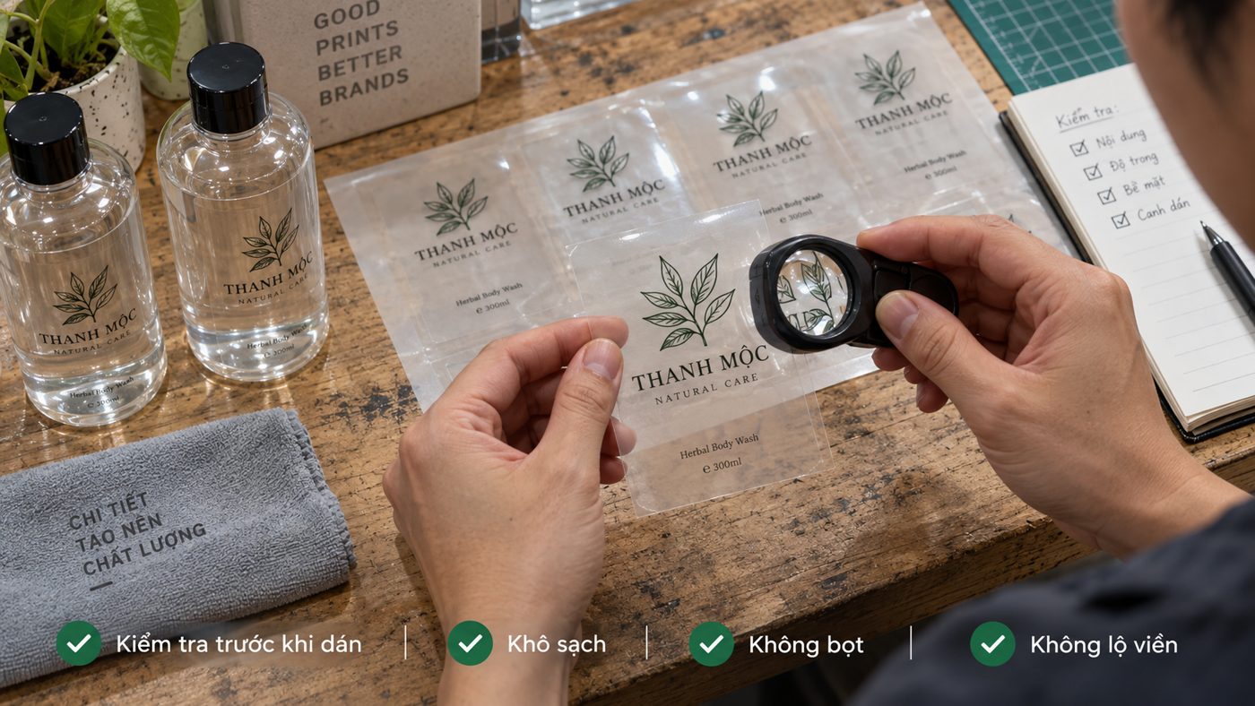 Nhãn trong suốt no-label look: Cách tránh bọt khí và lộ viền 2 Kiểm tra độ trong và mép tem bằng kính lúp trước khi dán