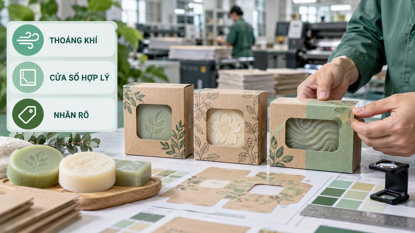 Hộp giấy cho xà phòng handmade: Thoáng khí và đẹp thương hiệu 2 Hộp xà phòng có cửa sổ cùng checklist thoáng khí cửa sổ hợp lý và nhãn rõ