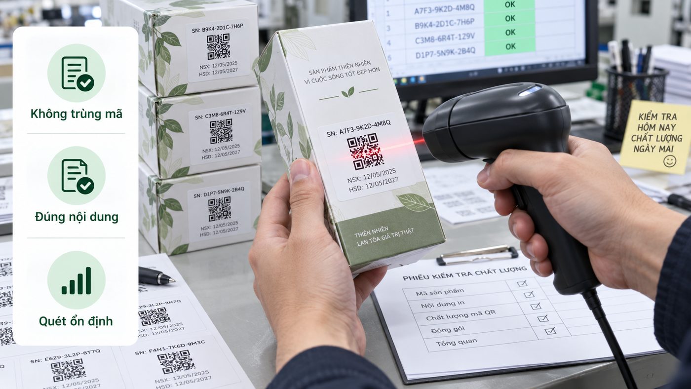 Dùng máy quét kiểm tra seri, nội dung QR và độ ổn định của tem