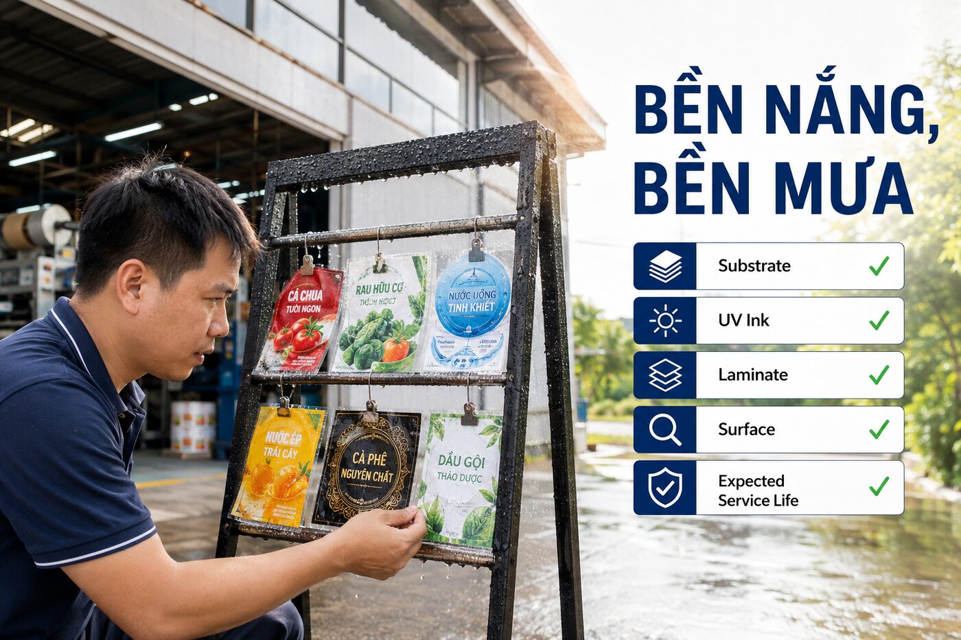 Tem nhãn ngoài trời: Cách tăng độ bền trước nắng mưa 2 Checklist chọn tem ngoài trời bền nắng bền mưa