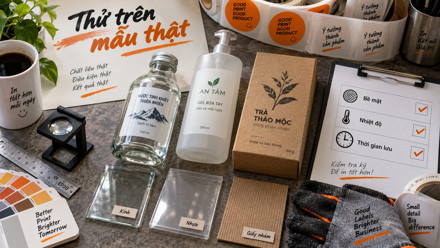 Các mẫu kính, nhựa và giấy dùng để thử keo theo nhiệt độ và thời gian lưu