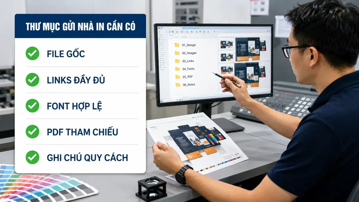 Checklist thư mục gửi nhà in gồm file gốc links font PDF và ghi chú