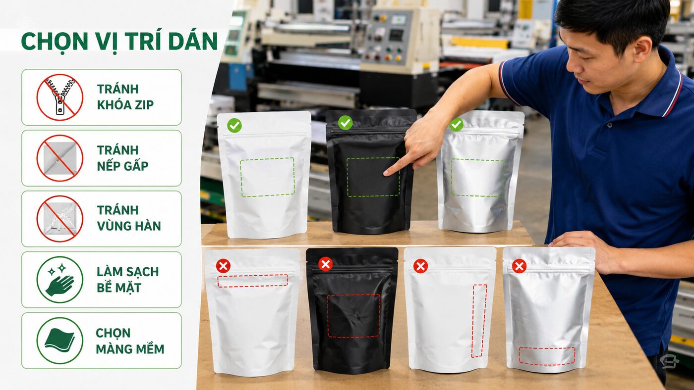 Checklist chọn vị trí dán tem trên túi zipper
