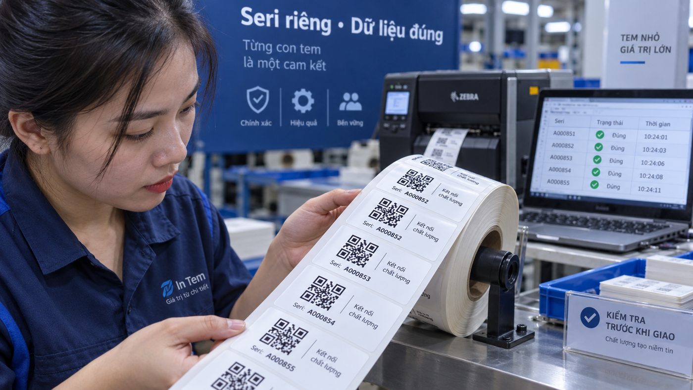 Kỹ thuật viên kiểm tra dữ liệu đánh số seri trên tem nhãn dạng cuộn