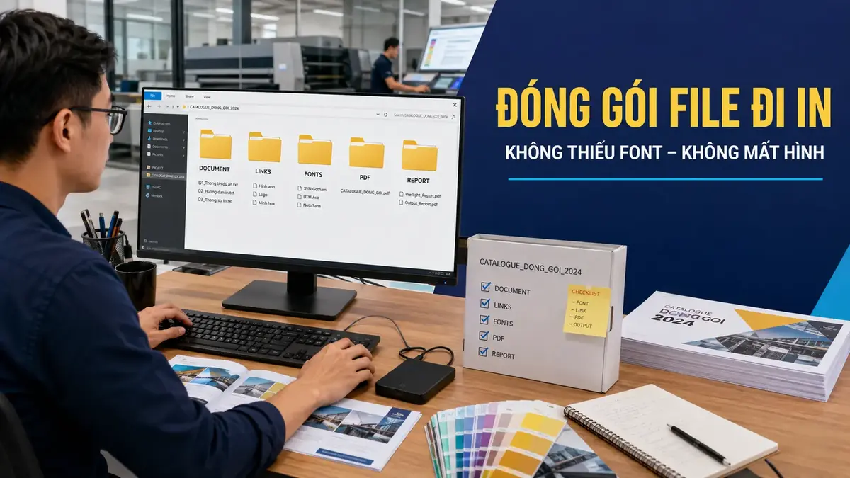 Đóng gói file thiết kế đi in gồm file gốc hình ảnh font PDF và báo cáo