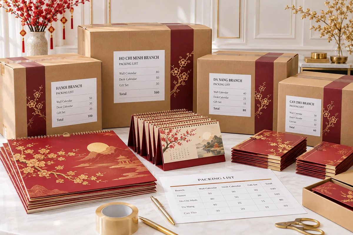 Kế Hoạch Phân Phối Lịch Tết Cho Nhiều Chi Nhánh: Chia Số Lượng, Đóng Thùng, Giao Nhận 2 Các thùng lịch Tết được phân loại theo chi nhánh và packing list